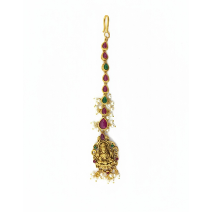 Gold Plated Maang Tikka With Lakshmi Design - Red Green Stones with Pearls
