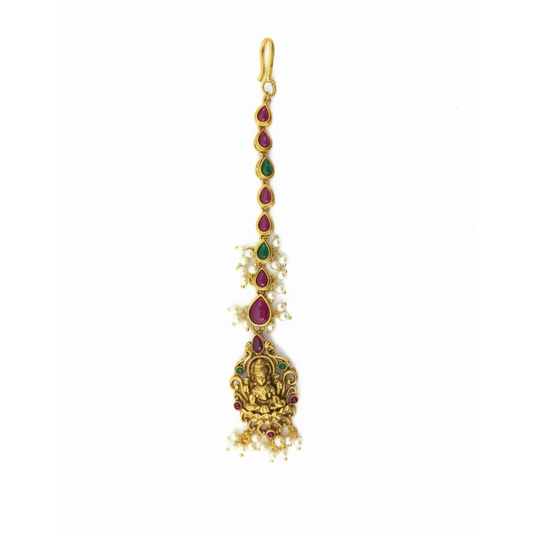 Gold Plated Maang Tikka With Lakshmi Design - Red Green Stones with Pearls