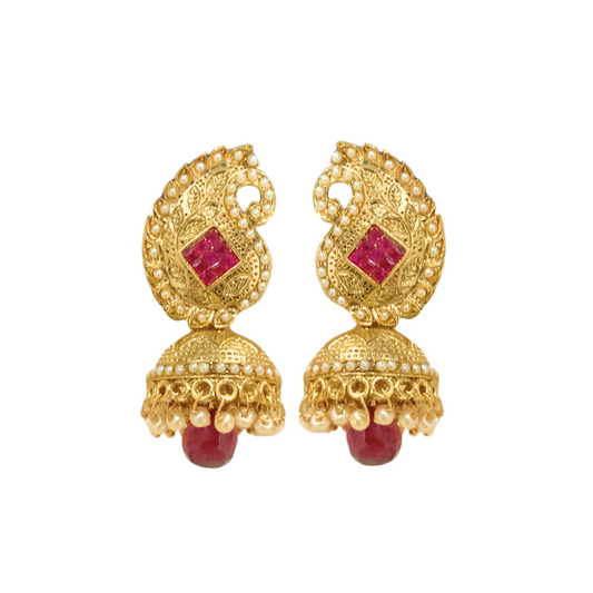 Gold Plated With Pink Stone Peacock Design Jhumkas