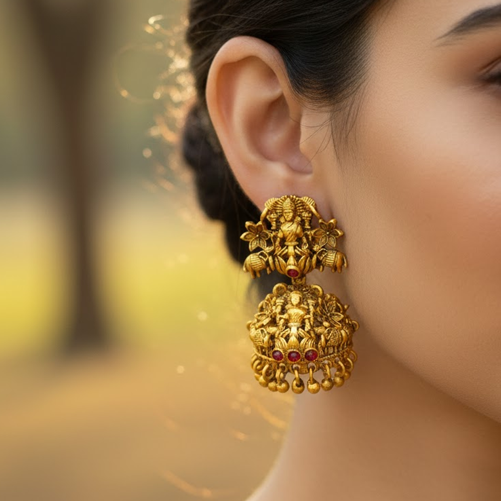 Lakshmi Stud with Hanging Beads Red Stone Jhumka