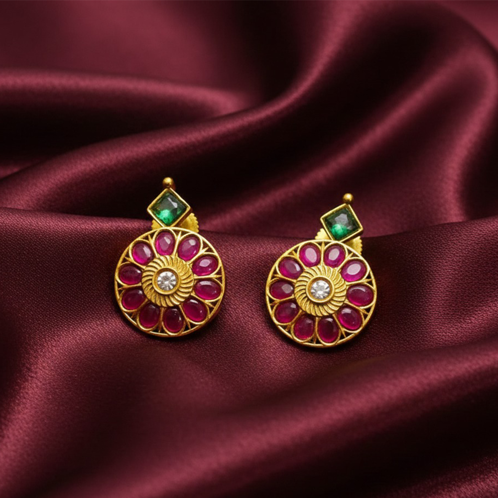 Gold Plated Studs With Green Diamond And Red Stones