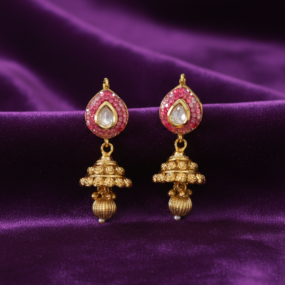 Pink Thilak with White Kundan Stones Jhumka