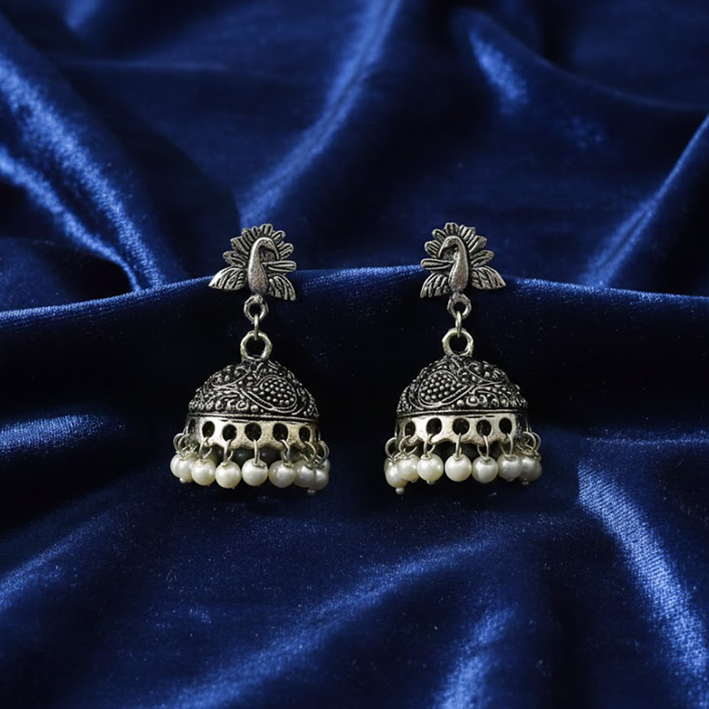 Peacock Stud Oxidised Jhumkas with White Pearls
