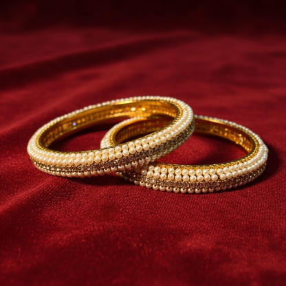 Gold Plated Pearl Bangles With White Stones