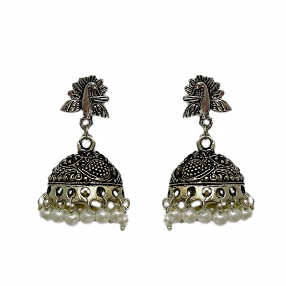 Peacock Stud Oxidised Jhumkas with White Pearls