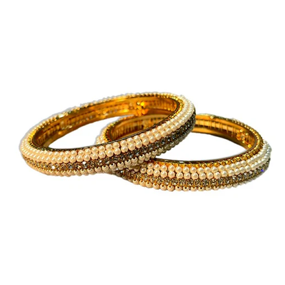Gold Plated Pearl Bangles With White Stones