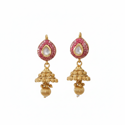Pink Thilak with White Kundan Stones Jhumka