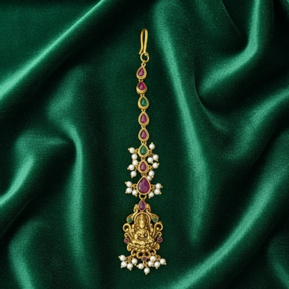 Gold Plated Maang Tikka With Lakshmi Design - Red Green Stones with Pearls
