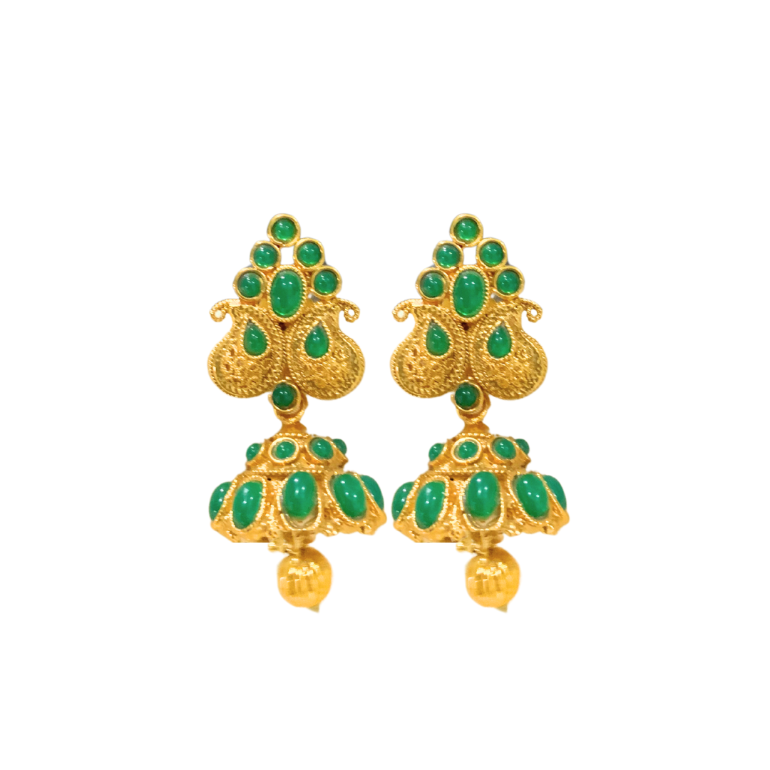 Gold plated manga design jhumka with green stone