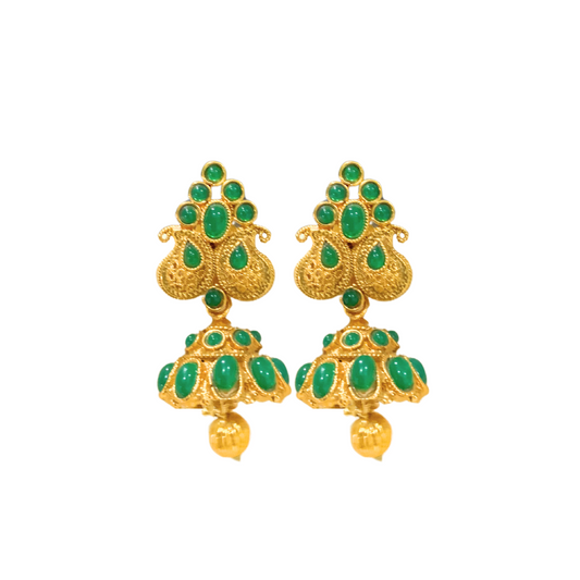 Gold plated manga design jhumka with green stone