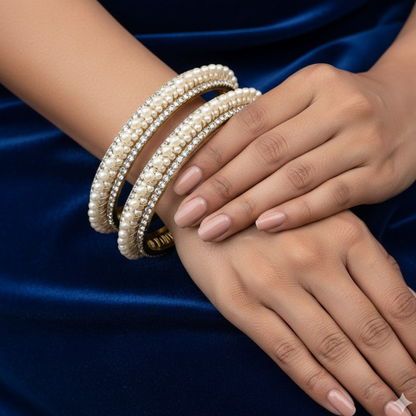 Gold Plated Pearl Bangles With White Stones