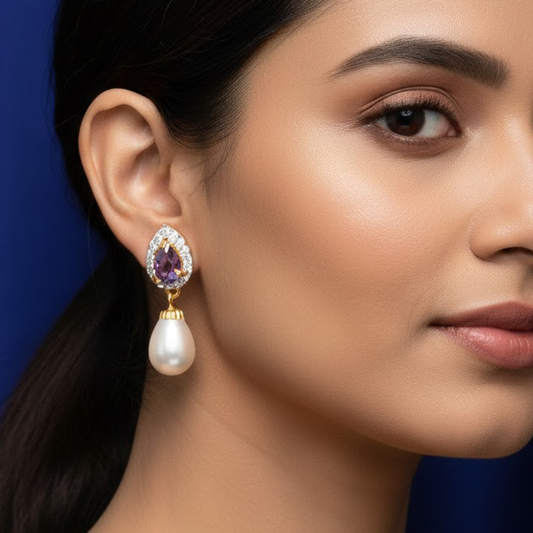 Purple Thilak with White Stones Studs with Hanging Pearls