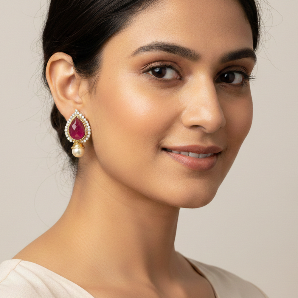 Red Big Stone with White Stones Thilak Studs