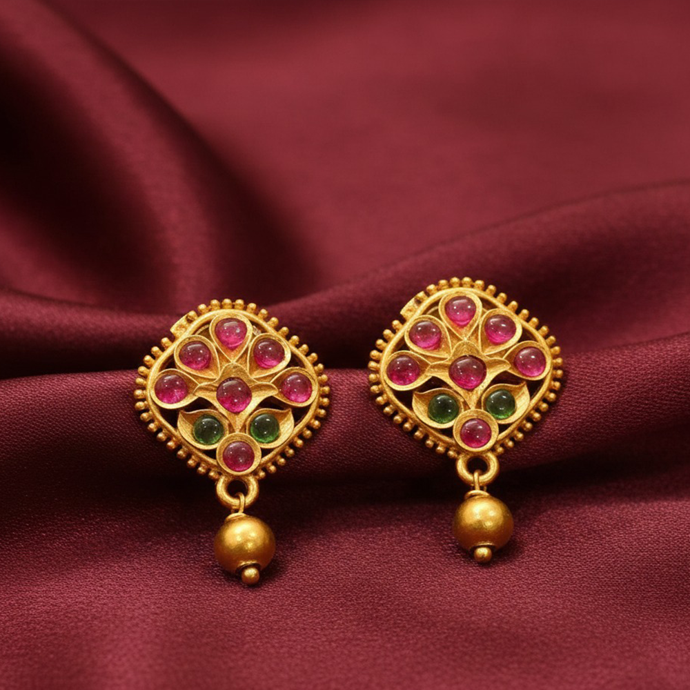 Gold Plated Stud With Green Pink Stone And Small Bead