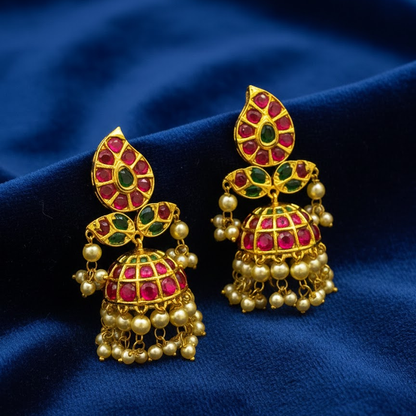 Gold Plated Jhumkas With Golden Peacock And Beads
