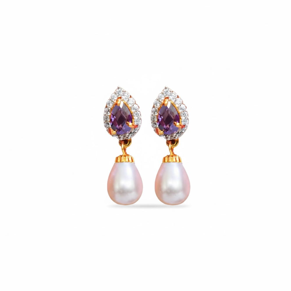 Purple Thilak with White Stones Studs with Hanging Pearls