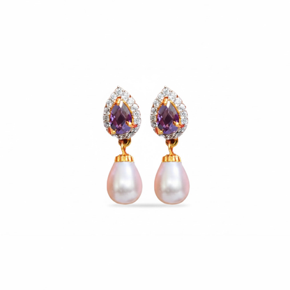 Purple Thilak with White Stones Studs with Hanging Pearls