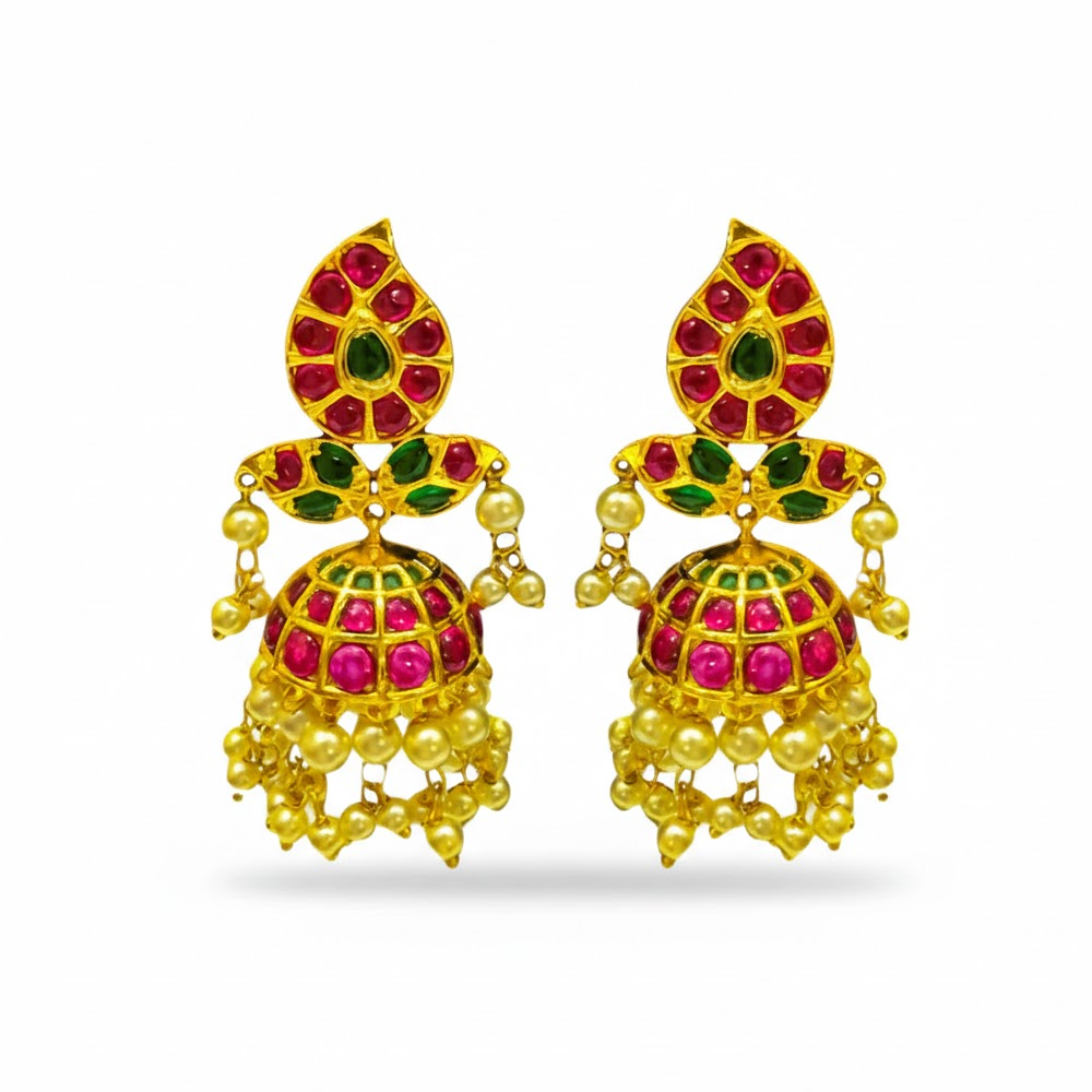 Gold Plated Jhumkas With Golden Peacock And Beads
