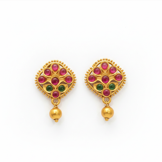 Gold Plated Stud With Green Pink Stone And Small Bead