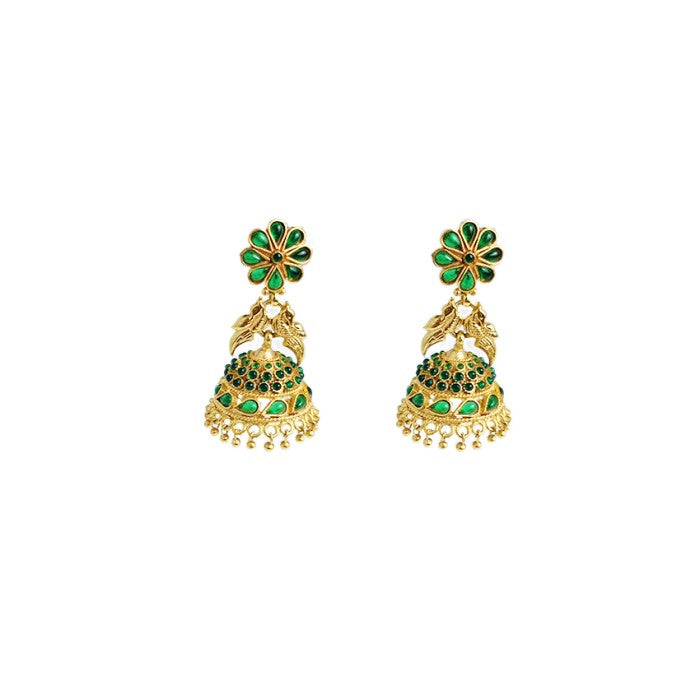 Gold Plated Jhumka With Bird Design And Green Stones