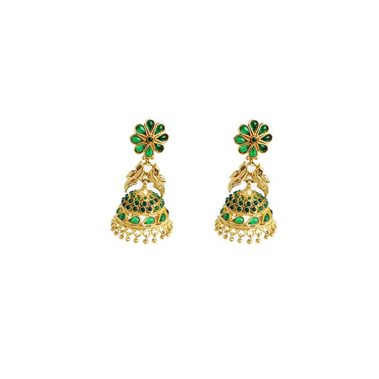 Gold Plated Jhumka With Bird Design And Green Stones