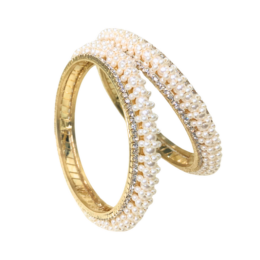 Gold Plated Pearl Bangles With White Stones