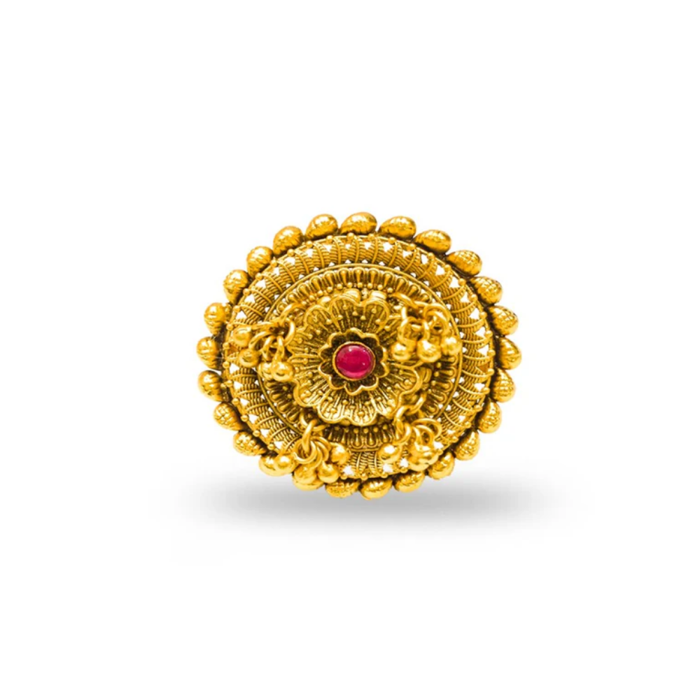 Finger Ring With Golden Beads And Pink Stone
