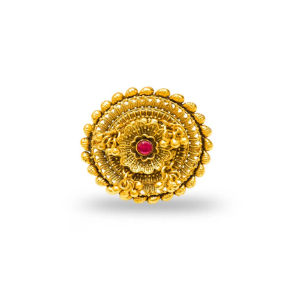 Finger Ring With Golden Beads And Pink Stone