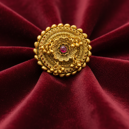 Finger Ring With Golden Beads And Pink Stone