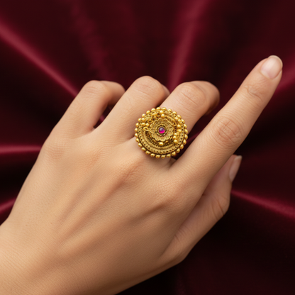 Finger Ring With Golden Beads And Pink Stone