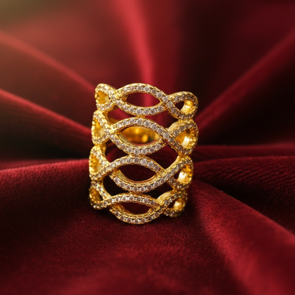 Gold Swirls Finger Ring With White Stones