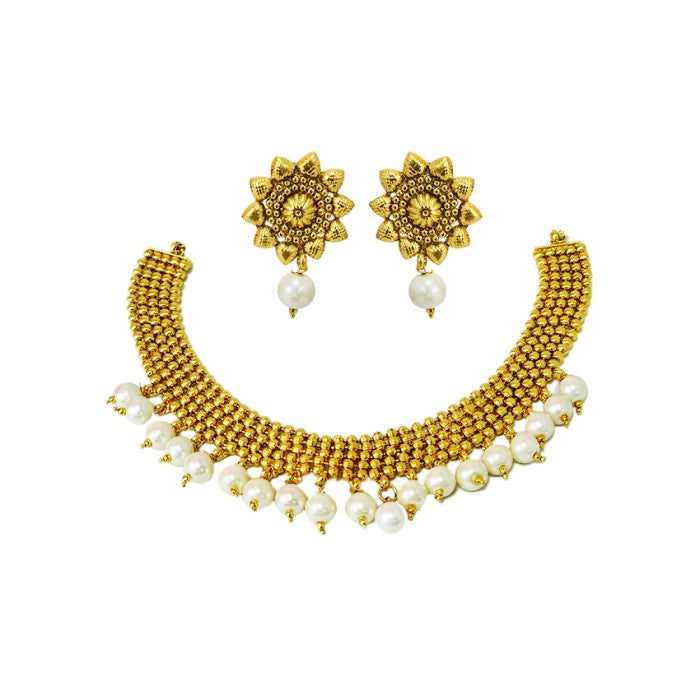 Gold plated sequence chocker necklace with white pearls