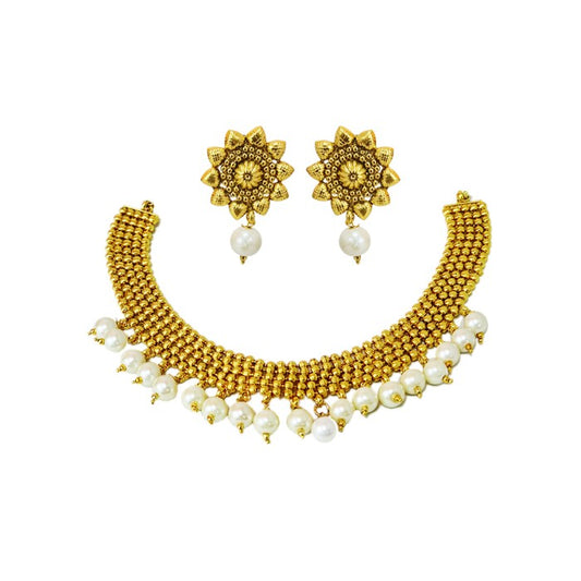 Gold plated sequence chocker necklace with white pearls