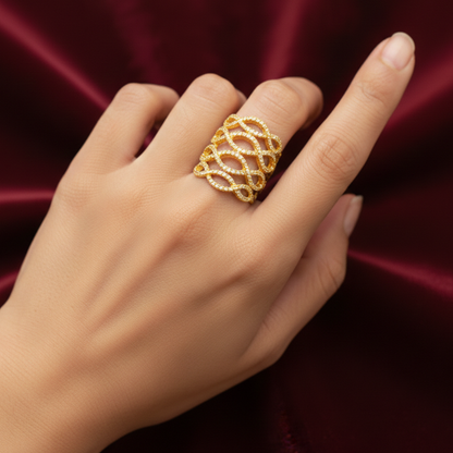 Gold Swirls Finger Ring With White Stones