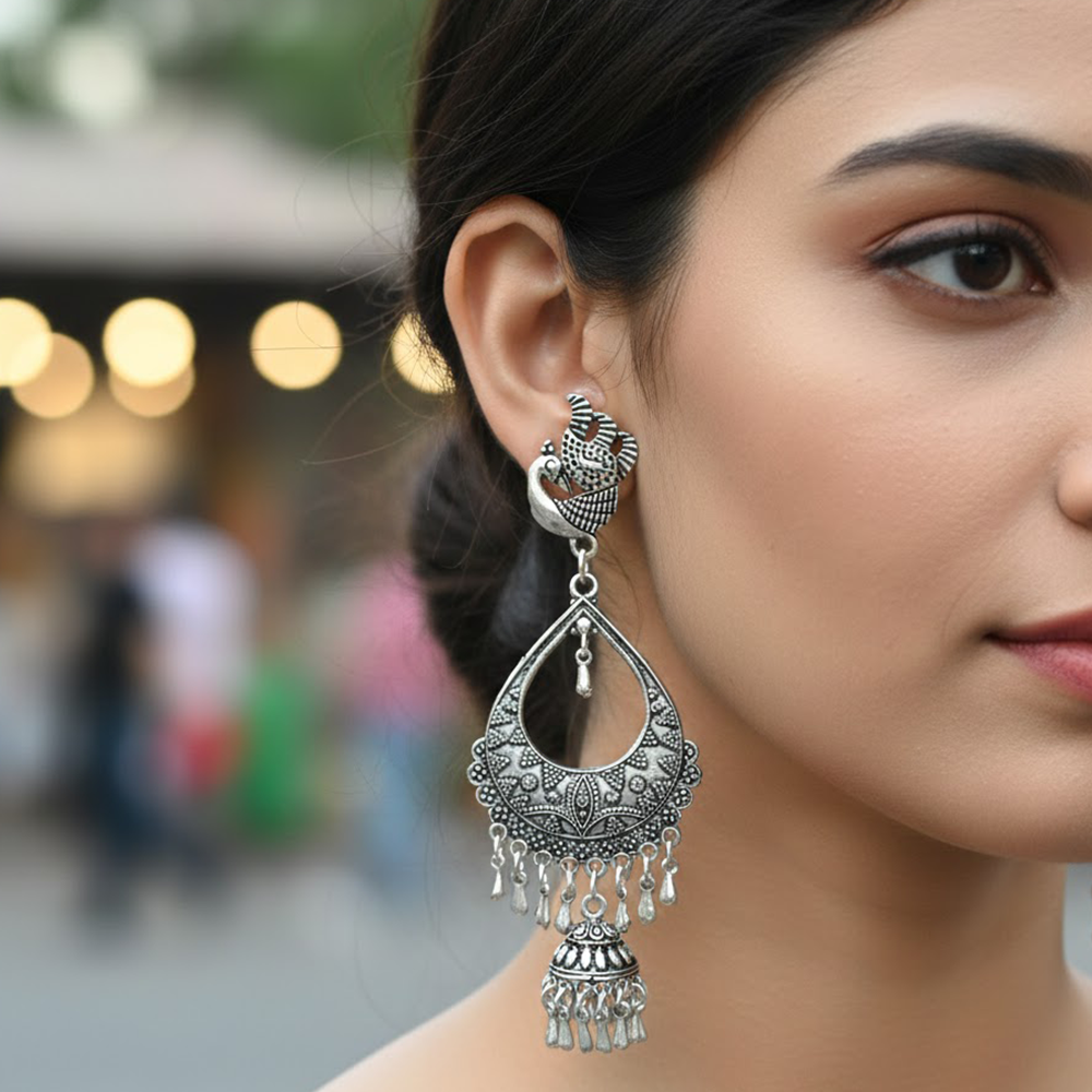 Multiple String Chandbali Type Peacock Stud Oxidised Jhumka