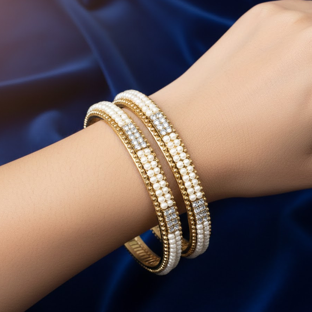 Gold Plated Pearl Bangles With White Stones