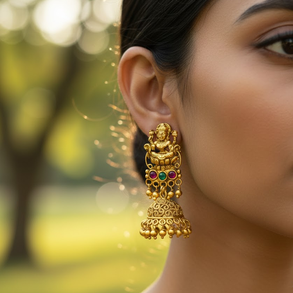 Gold Plated Jhumka With Big Lakshmi Studs