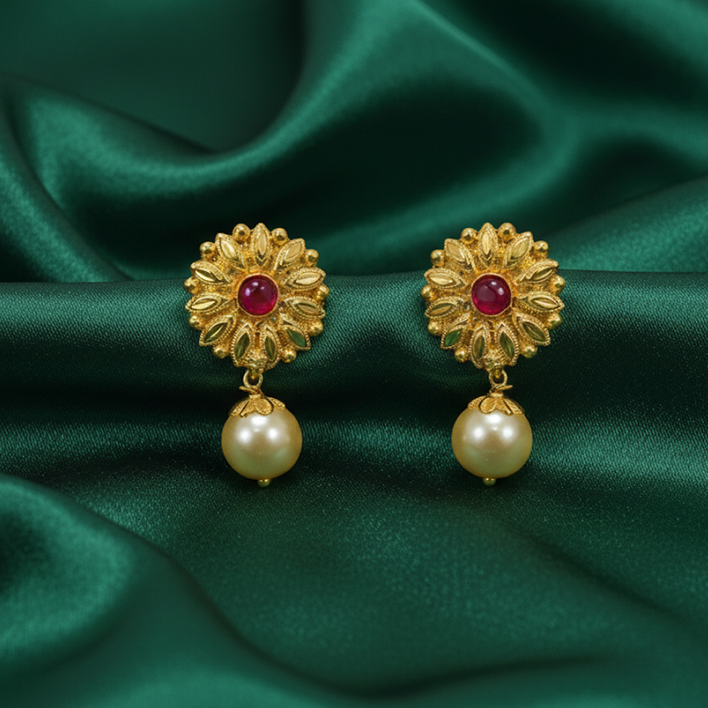 Sunflower Studs with Pink Stone and Hanging Pearl