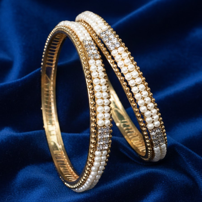 Gold Plated Pearl Bangles With White Stones