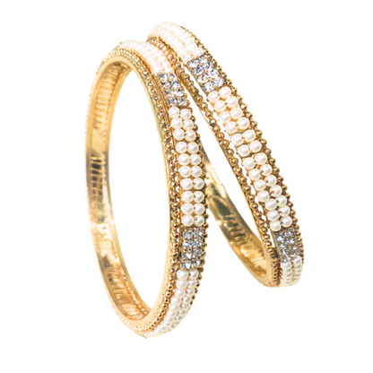 Gold Plated Pearl Bangles With White Stones