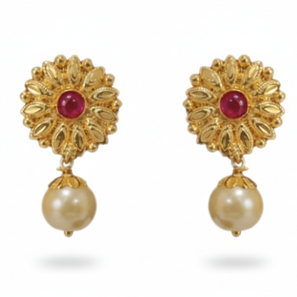 Sunflower Studs with Pink Stone and Hanging Pearl