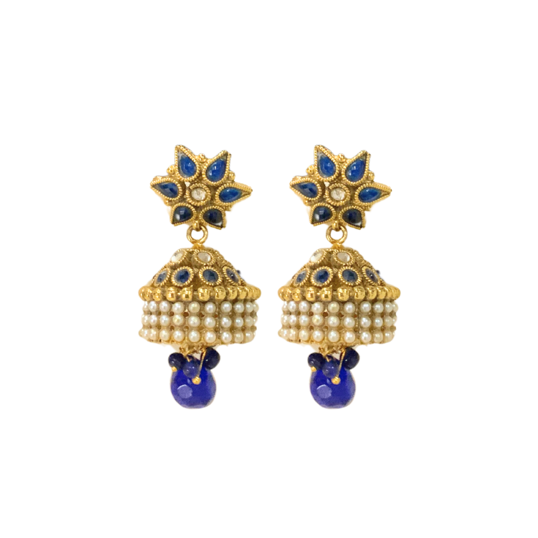 Flower Jhumka With Blue Stone