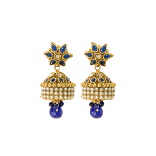 Flower Jhumka With Blue Stone