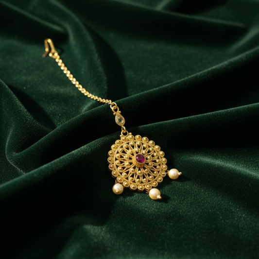 Gold plated Big Round Maang Tikka with White Pearls