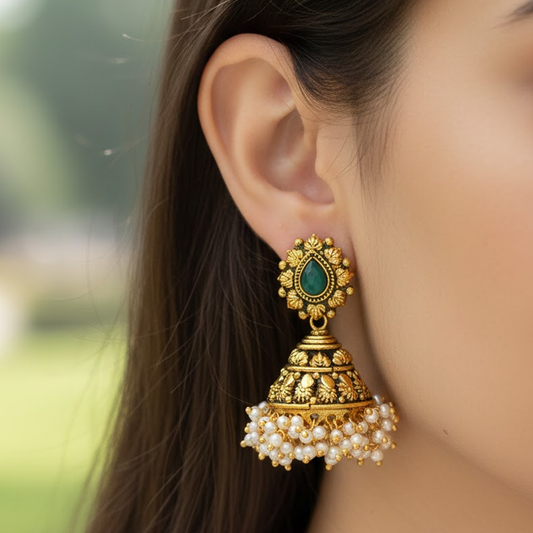 Peacock Green Stone with Hanging Pearls Jhumka