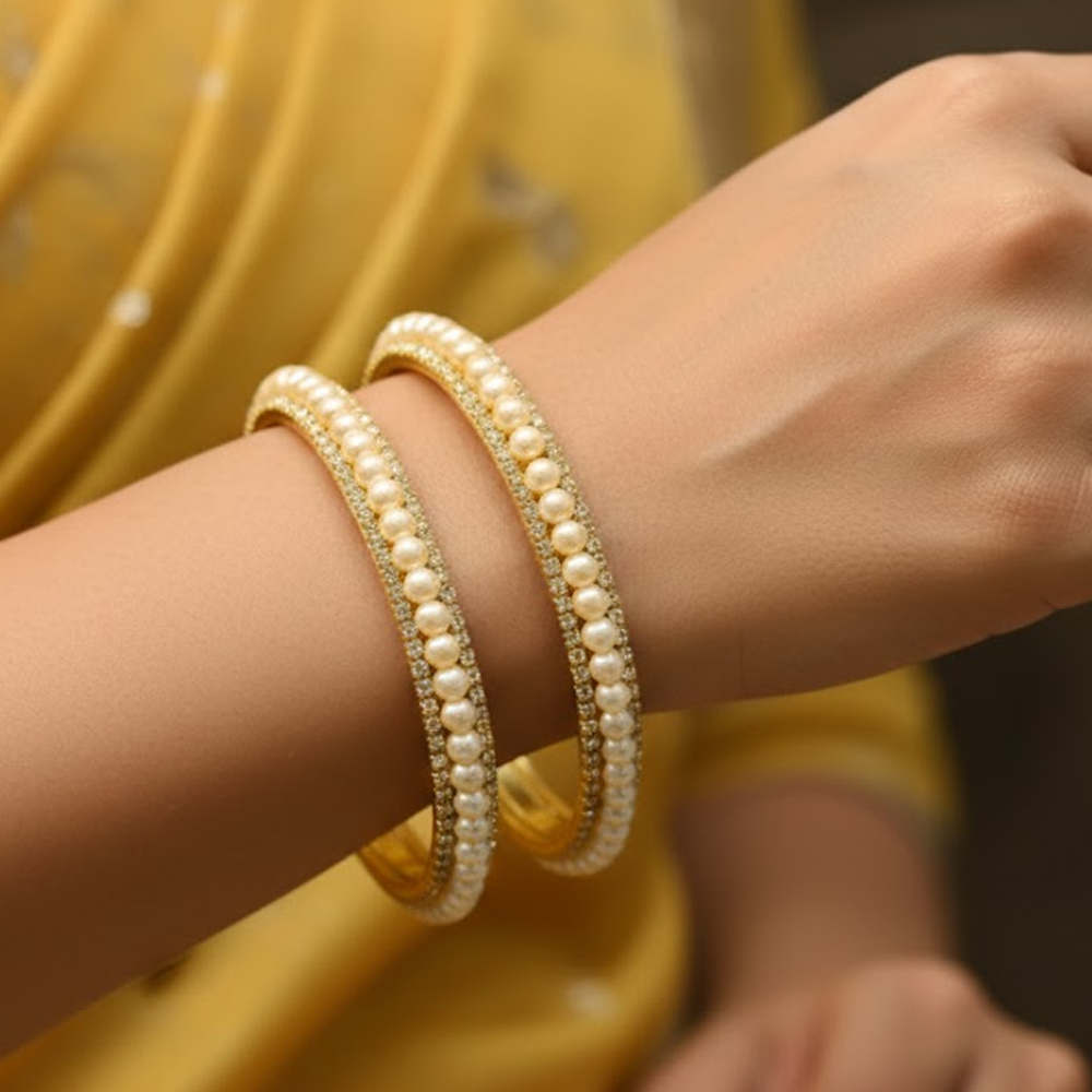 Gold Plated Pearl Bangles With White Stones