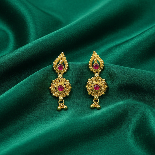 Gold Plated Bead Drops with Red Stones