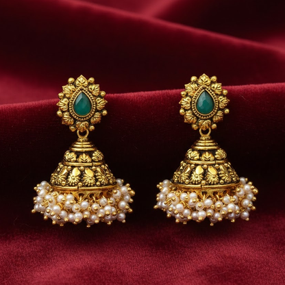 Peacock Green Stone with Hanging Pearls Jhumka