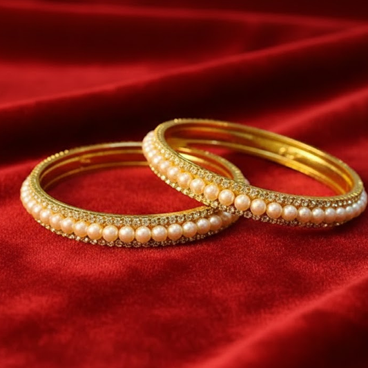 Gold Plated Pearl Bangles With White Stones