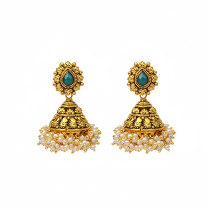 Peacock Green Stone with Hanging Pearls Jhumka